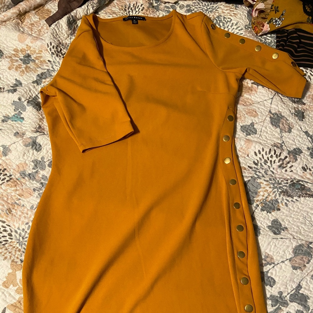 Mustard yellow side button mini dress